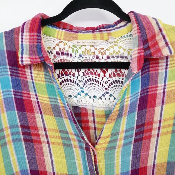 Soft Surroundings Plaid Shirt Women XL Multi Boho Eclectic Whimsical Playful Mod - Picture 7 of 16
